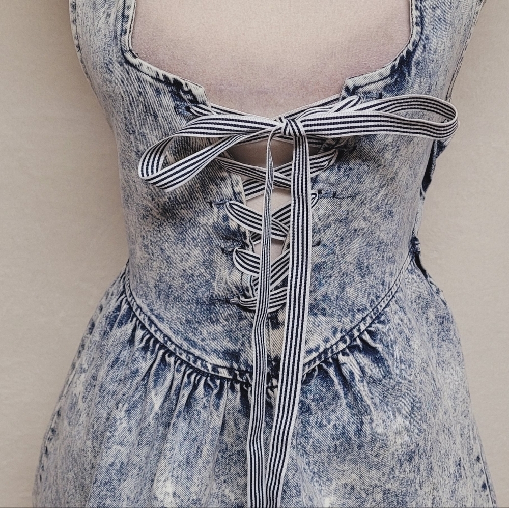 80s Vintage Amy Too Byer California Acid Wash Cotton Lace-up Mini Skater Dress S - Picture 6 of 16
